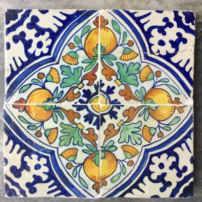 17th century Dutch Delft Tile Panel with Pomegranates consisting of four tiles