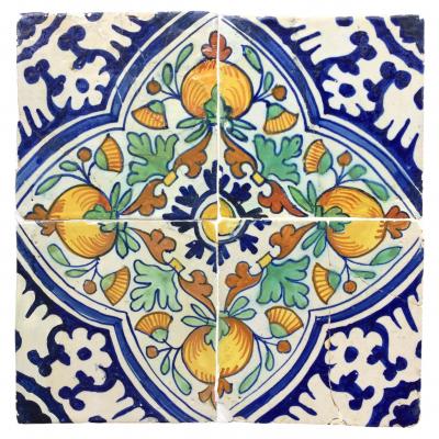 17th century Dutch Delft Tile Panel with Pomegranates consisting of four tiles
