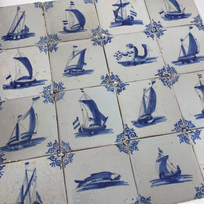 17th century Dutch Delft tiles with Nautical scenes ships and sea monsters 