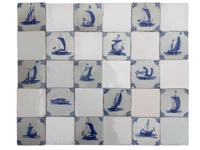 17th century Dutch Delft tiles with Nautical scenes ships and sea monsters 