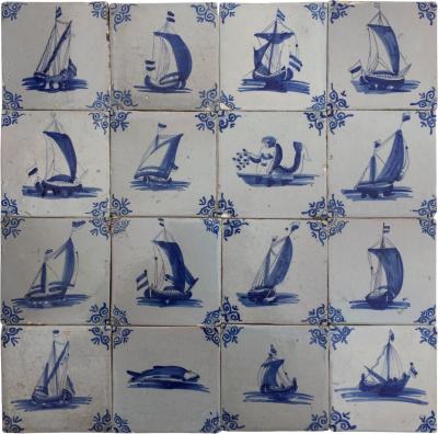 17th century Dutch Delft tiles with Nautical scenes ships and sea monsters 