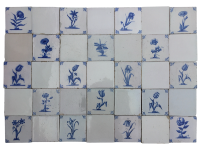 17th century Dutch Delft tiles with flowers and birds backsplash bathroom