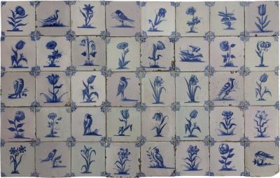 17th century Dutch Delft tiles with flowers and birds backsplash bathroom