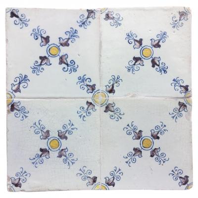17th century Dutch Renaissance Delft Tile Panel consisting of four tiles