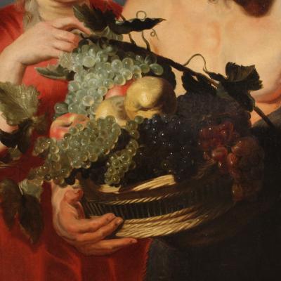 17th century antique Flemish painting Faun with fruit basket and Bacchante