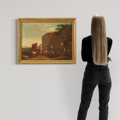 17th century bucolic landscape painting with figures pastoral scene