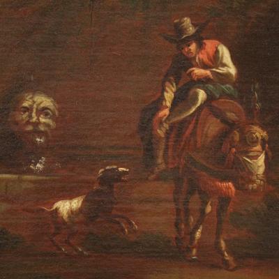 17th century bucolic landscape painting with figures pastoral scene