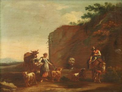 17th century bucolic landscape painting with figures pastoral scene