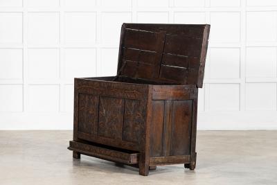 17thC English Carved Oak Mule Chest