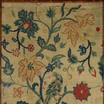 17thC Gros Point Embroidery Vase of Flowers with a Bird