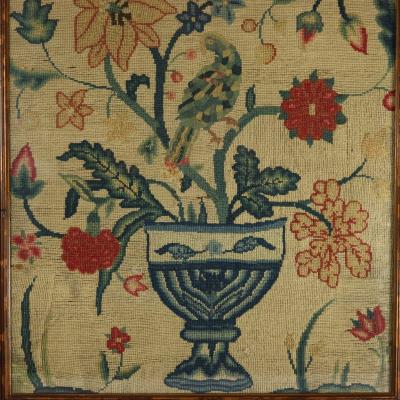 17thC Gros Point Embroidery Vase of Flowers with a Bird