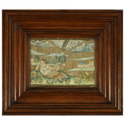 17thC Miniature Silkwork Embroidery Reversable Picture