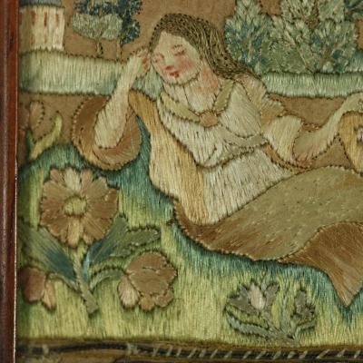 17thC Miniature Silkwork Embroidery Reversable Picture