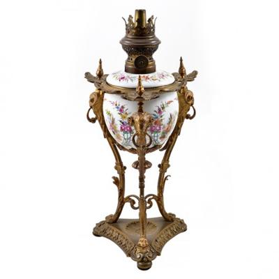 18 19th C French Oil Lamp with Rams Head Porcelain Louis XIV
