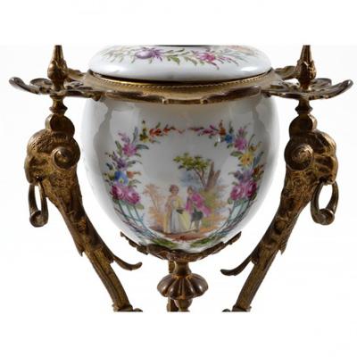 18 19th C French Oil Lamp with Rams Head Porcelain Louis XIV