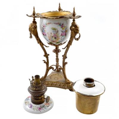 18 19th C French Oil Lamp with Rams Head Porcelain Louis XIV