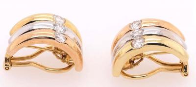 18 Karat Tri Tone French Back Earrings with Round Diamonds 1 50 TDW