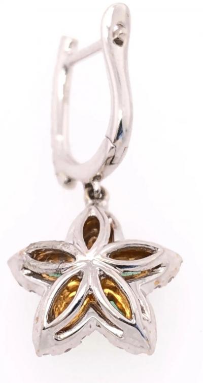 18 Karat White and Yellow Gold Emerald and Diamond Flower Drop Earrings