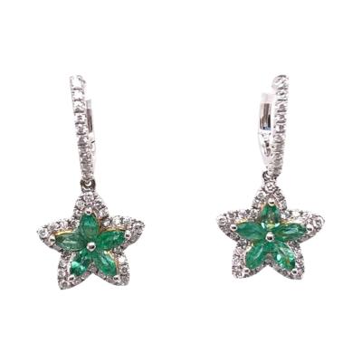 18 Karat White and Yellow Gold Emerald and Diamond Flower Drop Earrings