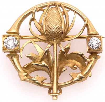 18 Karat Yellow Gold Floral Pin or Brooch Having Two Diamonds
