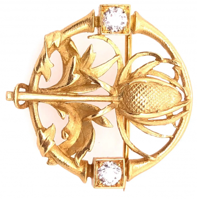 18 Karat Yellow Gold Floral Pin or Brooch Having Two Diamonds