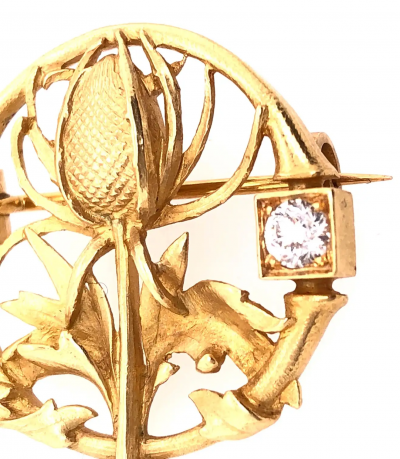 18 Karat Yellow Gold Floral Pin or Brooch Having Two Diamonds