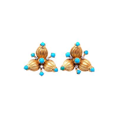 18 Karat Yellow Gold Vintage Earrings with Round Diamonds and Turquoise