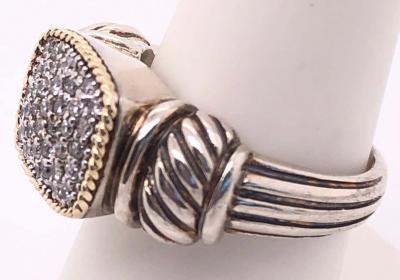 18 Karat Yellow Gold and Sterling Silver with Diamond Cluster Center Ring