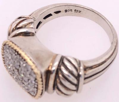 18 Karat Yellow Gold and Sterling Silver with Diamond Cluster Center Ring