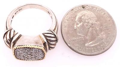 18 Karat Yellow Gold and Sterling Silver with Diamond Cluster Center Ring