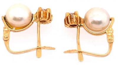 18 Karat Yellow Gold with Platinum Lever Back Pearl Earrings