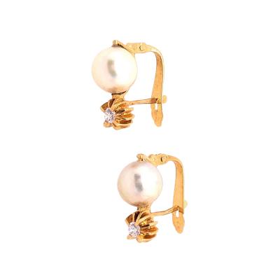 18 Karat Yellow Gold with Platinum Lever Back Pearl Earrings