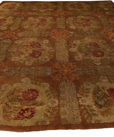 1800s French Savonnerie Botanic Red Brown Green Hand Knotted Wool Rug
