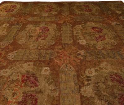 1800s French Savonnerie Botanic Red Brown Green Hand Knotted Wool Rug