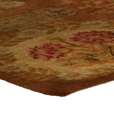 1800s French Savonnerie Botanic Red Brown Green Hand Knotted Wool Rug