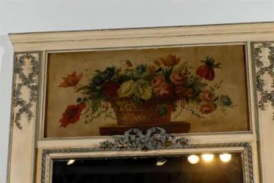 1810s French Louis XVI Style Painted and Gilt Trumeau Mirror with Floral Motifs