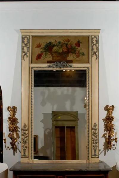 1810s French Louis XVI Style Painted and Gilt Trumeau Mirror with Floral Motifs