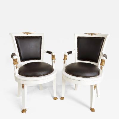 1850s French Empire Armchairs Fine Gilt Bronze Mounts Painted and Upholstered