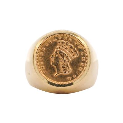 1856 Lady Liberty 1 Dollar Coin in 10K Gold Bezel Unisex Signet Ring