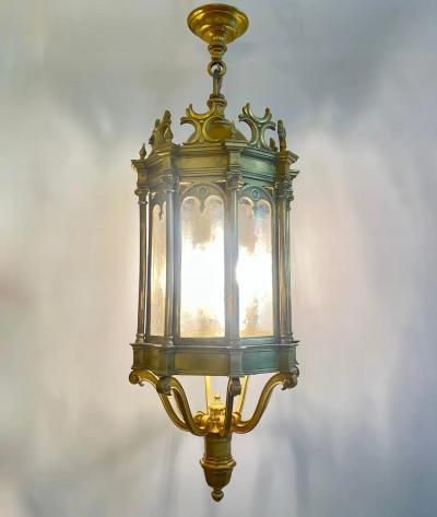 1860 French Antique Gothic Revival Cast Brass Pendant Lantern With Arch Windows