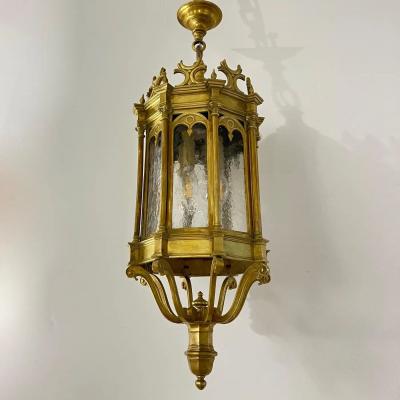 1860 French Antique Gothic Revival Cast Brass Pendant Lantern With Arch Windows