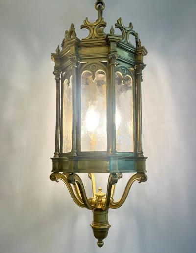 1860 French Antique Gothic Revival Cast Brass Pendant Lantern With Arch Windows
