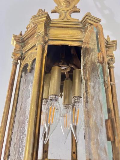 1860 French Antique Gothic Revival Cast Brass Pendant Lantern With Arch Windows