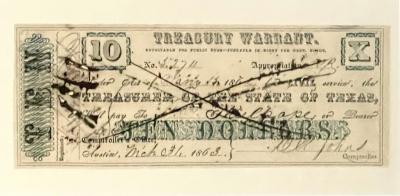 1863 Texas 10 Note Warrent cIvil War Austin Texas