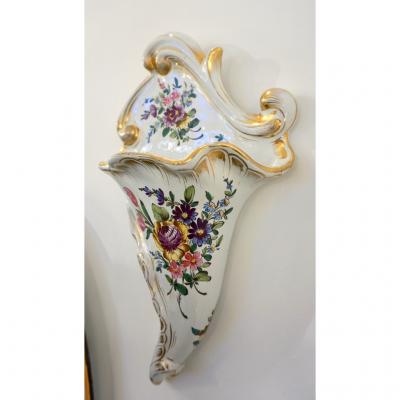 1870s Antique French Faience Pottery White Pink Gold Flower Holder Wall Pocket