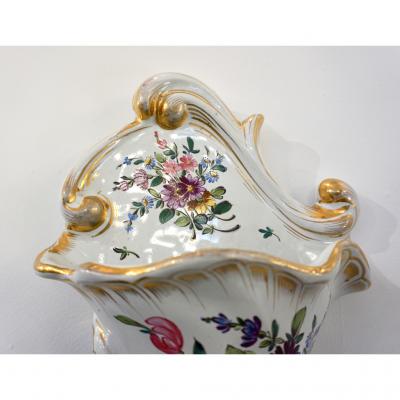 1870s Antique French Faience Pottery White Pink Gold Flower Holder Wall Pocket