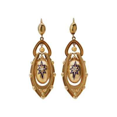 1870s Gold and Enamel Star Pendant Earrings