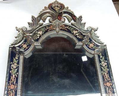 1880 1900 Venetian Mirror N3 with Pediment Blue Glass Adorned with Flowers
