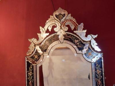 1880 1900 Venetian Mirror N3 with Pediment Blue Glass Adorned with Flowers