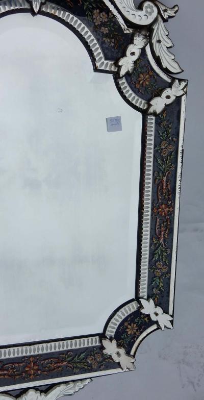 1880 1900 Venetian Mirror N3 with Pediment Blue Glass Adorned with Flowers